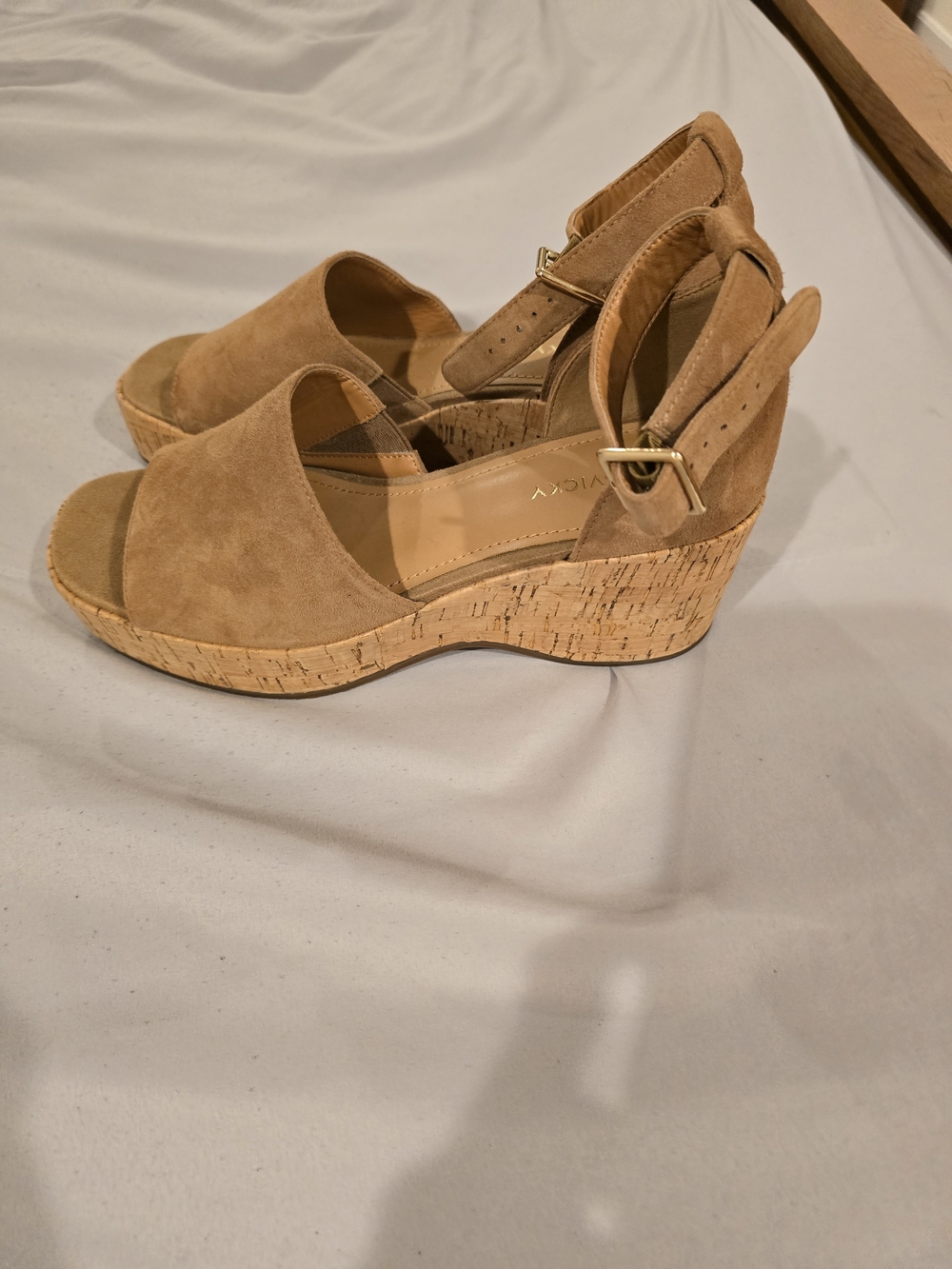 Suede Tan Cork Wedge Sandals with Ankle Strap